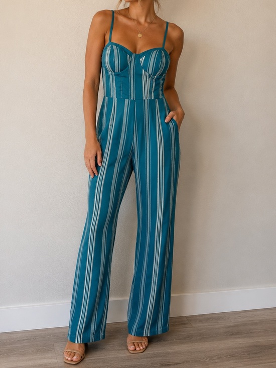 Band of Gypsies Pants - Band of Gypsies Teal Striped Bustier Jumpsuit